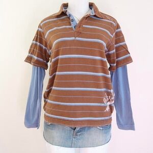y2k quiksilver striped layered polo long sleeve skater top xs/s